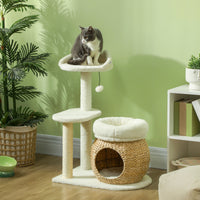 HKM-5077565 31" Cat Tree Tower with Scratching Posts, Cozy Beds, Platform, and Toy Ball for Indoor Cats in Cream White