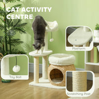 HKM-5077565 31" Cat Tree Tower with Scratching Posts, Cozy Beds, Platform, and Toy Ball for Indoor Cats in Cream White