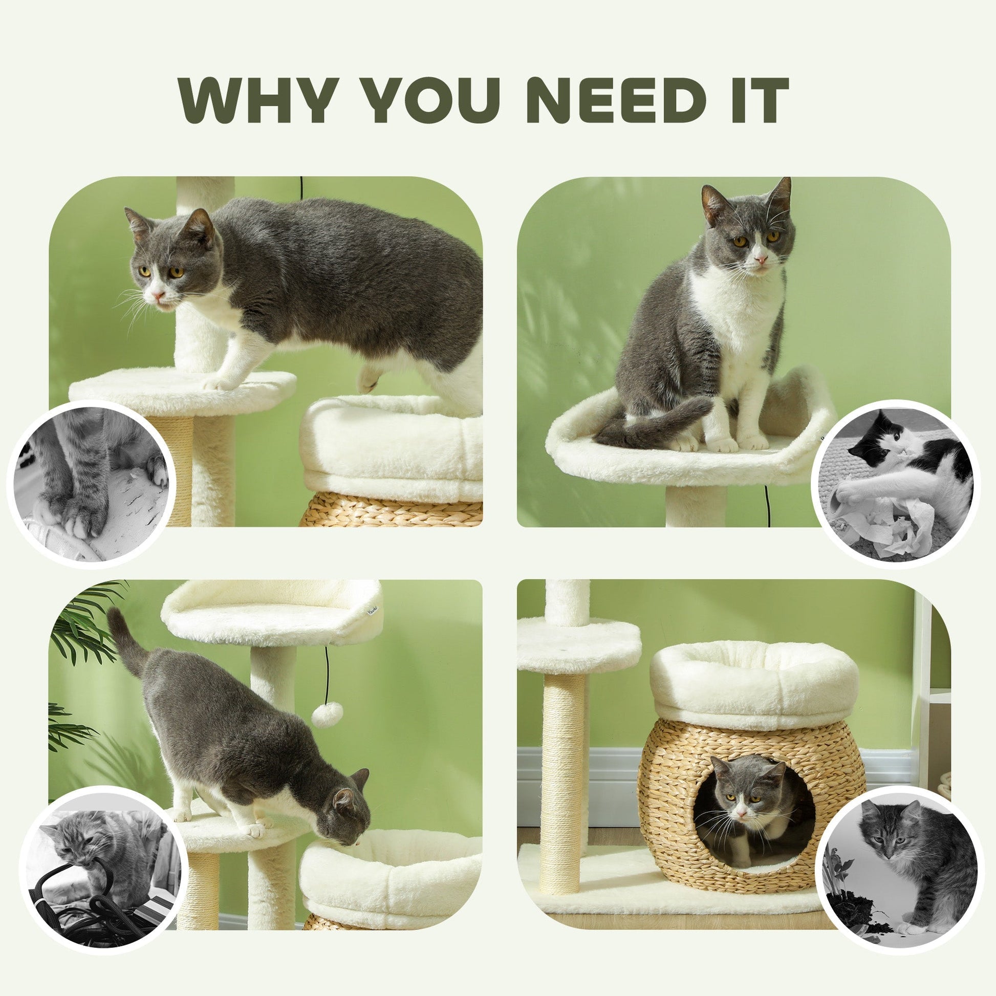 HKM-5077565 31" Cat Tree Tower with Scratching Posts, Cozy Beds, Platform, and Toy Ball for Indoor Cats in Cream White