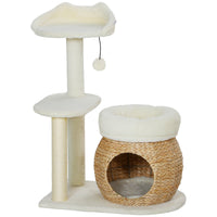 HKM-5077565 31" Cat Tree Tower with Scratching Posts, Cozy Beds, Platform, and Toy Ball for Indoor Cats in Cream White