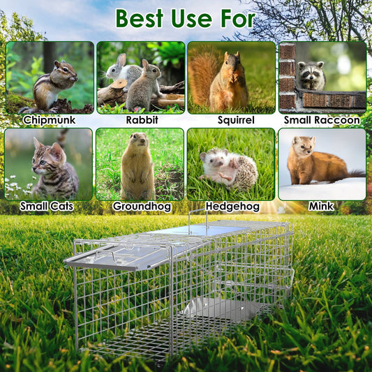 HKM-5077949 24-Inch Folding Humane Animal Trap Cage for Small Pets, Galvanized Steel Construction, Easy Setup and Release