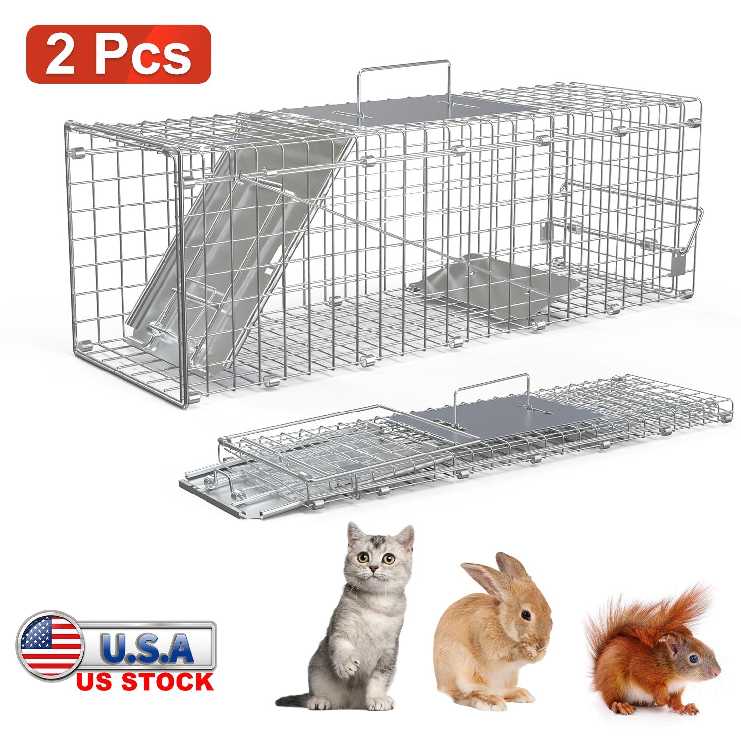 HKM-5077949 24-Inch Folding Humane Animal Trap Cage for Small Pets, Galvanized Steel Construction, Easy Setup and Release