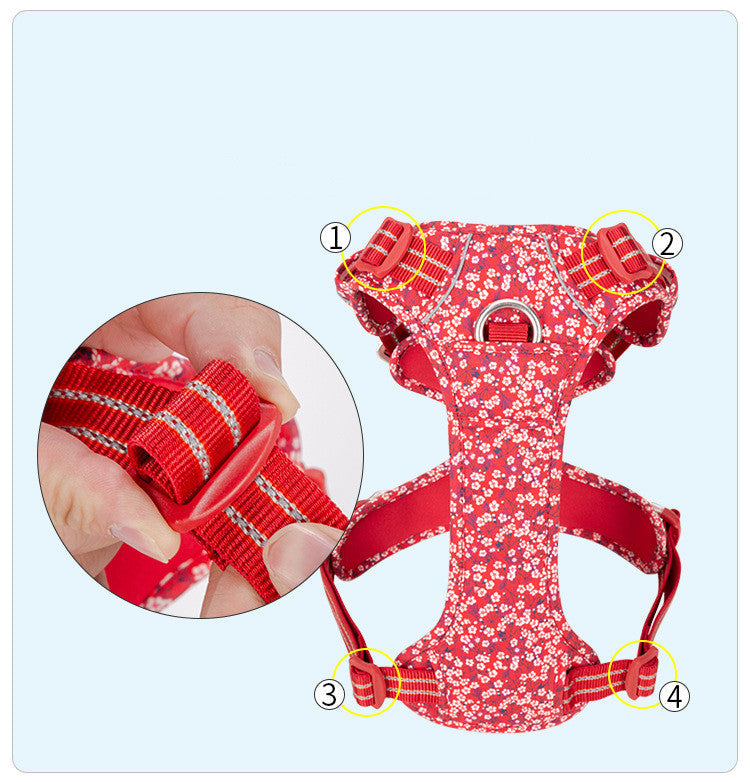 HKM-5078461 Reflective Floral Printed Pet Dog Leash and Chest Harness Set