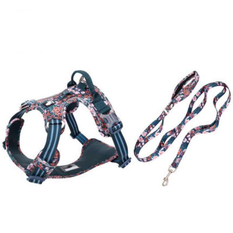 HKM-5078461 Reflective Floral Printed Pet Dog Leash and Chest Harness Set