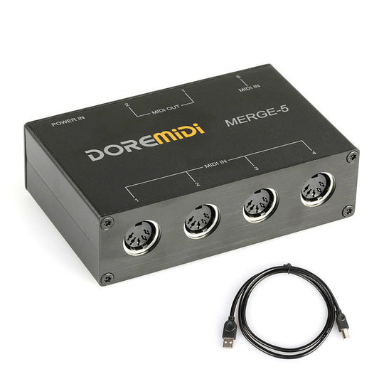 HKM-508115 MIDI Merge-5 Combiner for 5 Inputs and 2 Outputs, Compact Size 115x73x33mm, Low Latency Operation