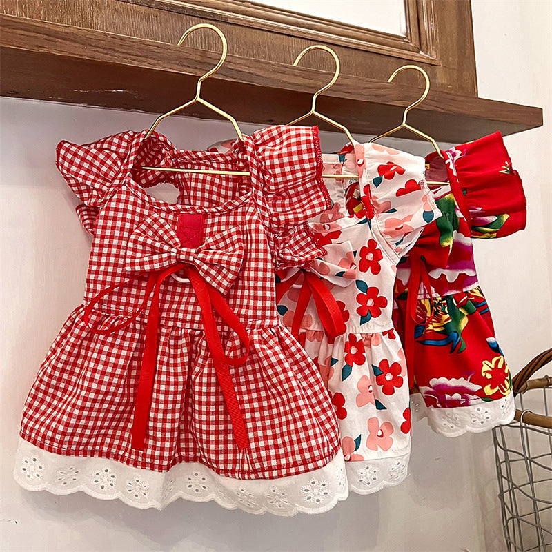HKM-5081661 Flounced Sleeve Dress for Pets in Pansy, Red Plaid, and Floral Styles