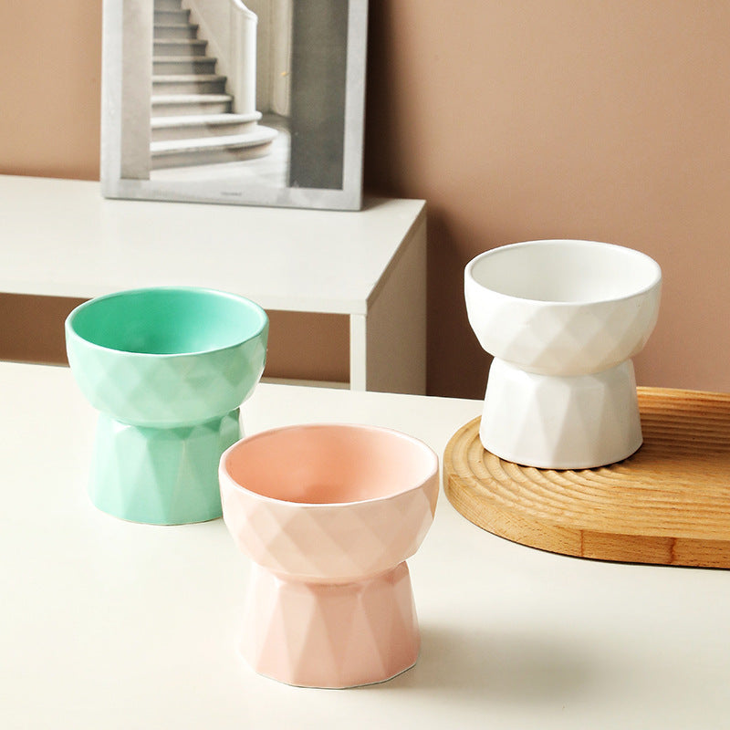 HKM-508307 Ceramic High Foot Pet Bowl for Cats in White, Pink, and Green