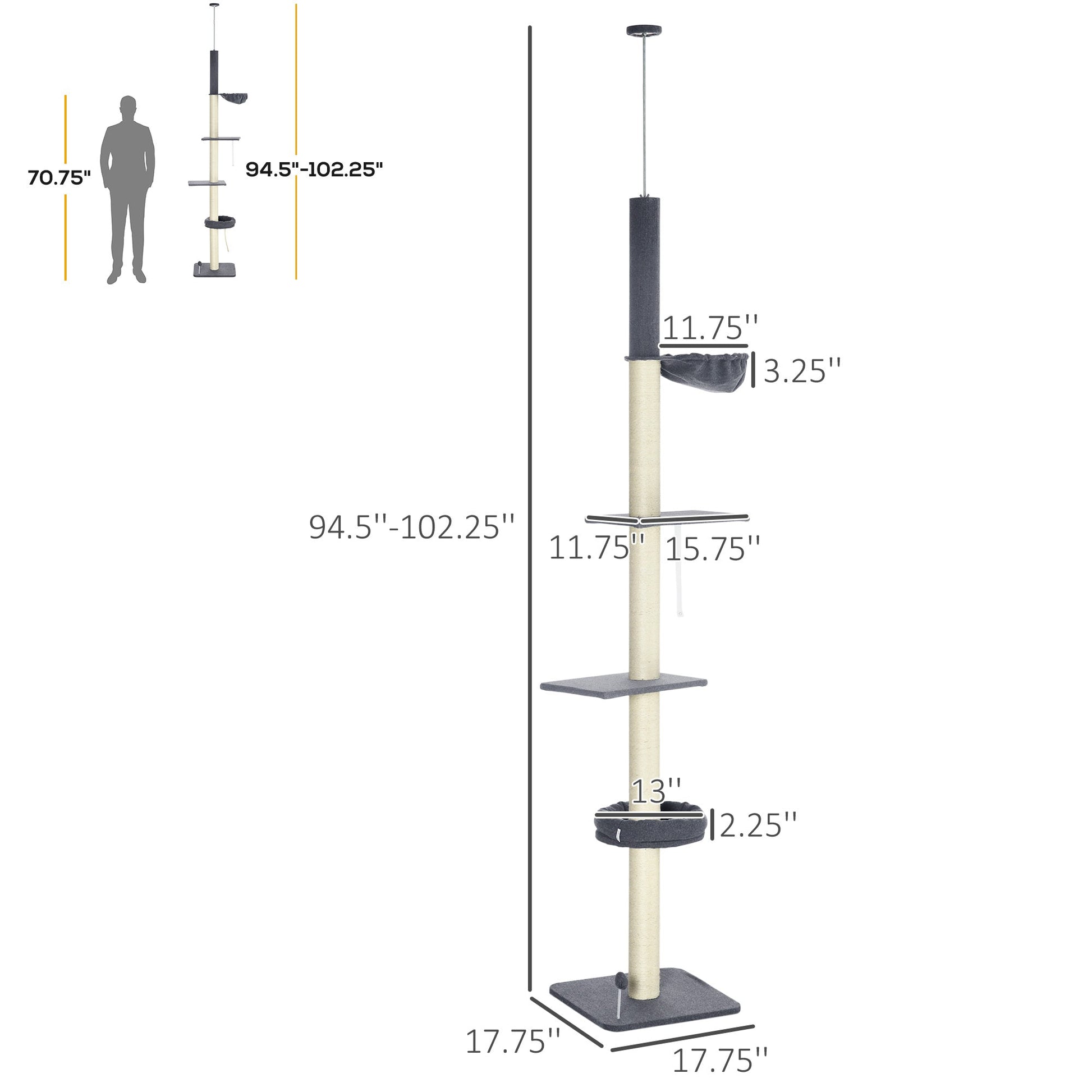 HKM-5083325 Adjustable Floor-to-Ceiling Cat Tree with Multi-Level Platforms, Scratching Posts, and Cozy Hammock - Dark Gray and Cream