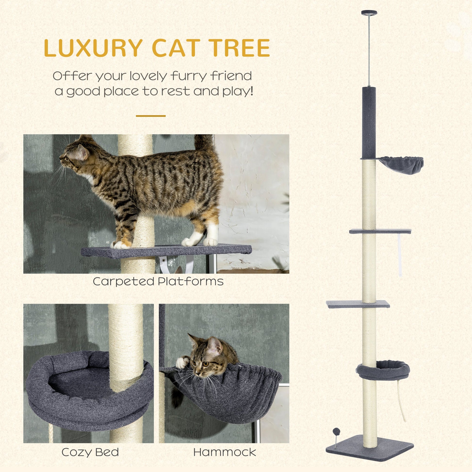 HKM-5083325 Adjustable Floor-to-Ceiling Cat Tree with Multi-Level Platforms, Scratching Posts, and Cozy Hammock - Dark Gray and Cream