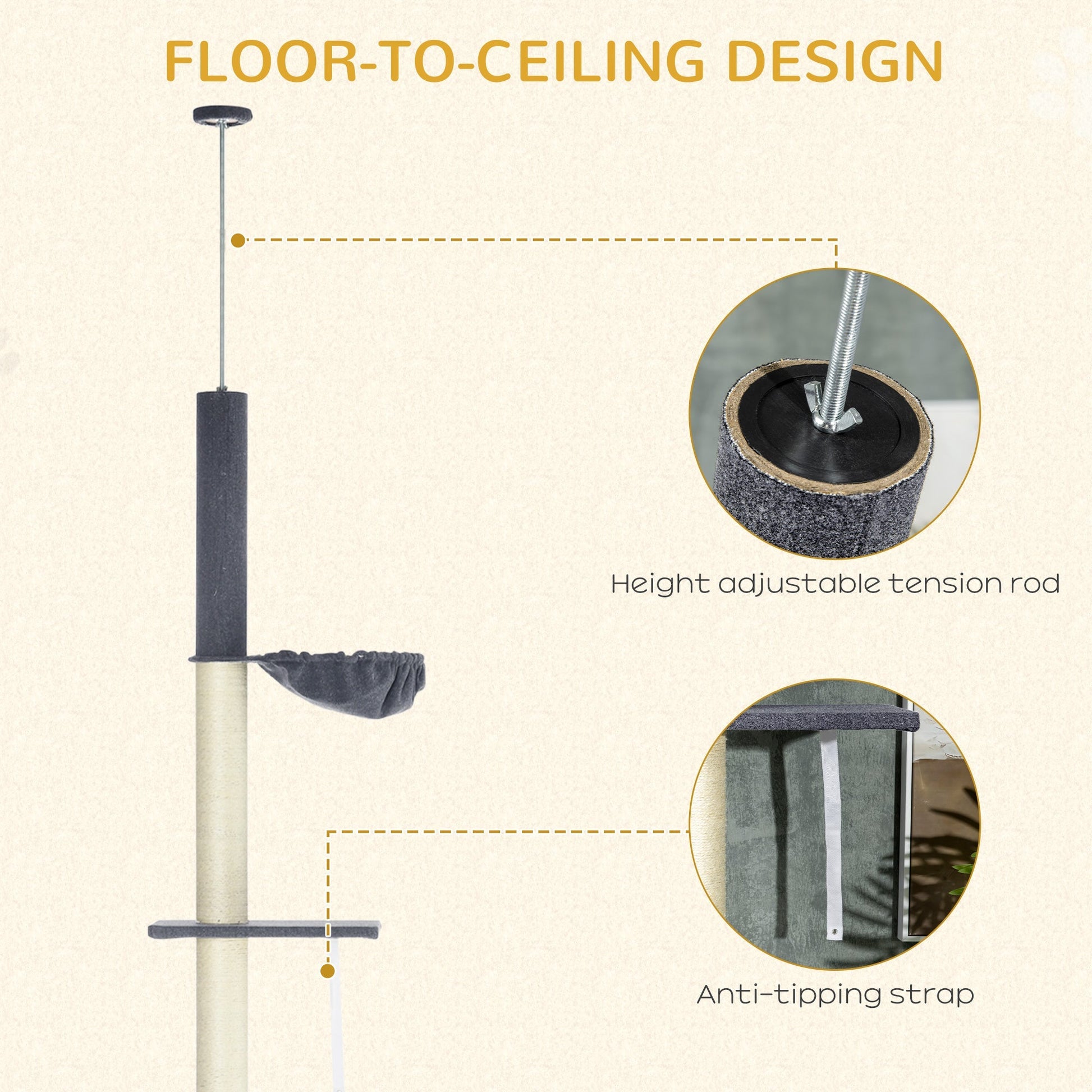 HKM-5083325 Adjustable Floor-to-Ceiling Cat Tree with Multi-Level Platforms, Scratching Posts, and Cozy Hammock - Dark Gray and Cream