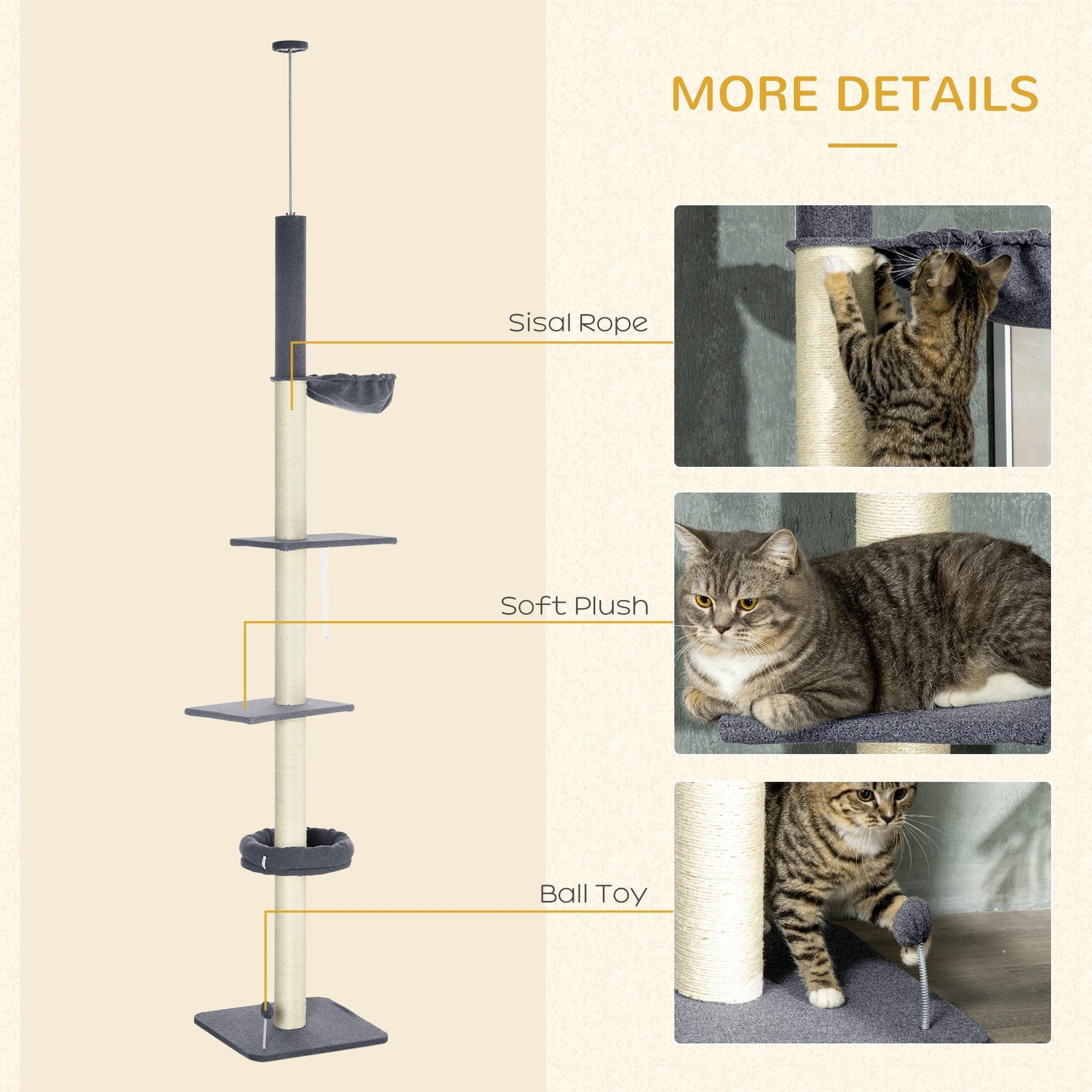 HKM-5083325 Adjustable Floor-to-Ceiling Cat Tree with Multi-Level Platforms, Scratching Posts, and Cozy Hammock - Dark Gray and Cream