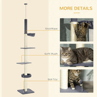 HKM-5083325 Adjustable Floor-to-Ceiling Cat Tree with Multi-Level Platforms, Scratching Posts, and Cozy Hammock - Dark Gray and Cream