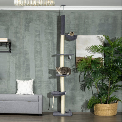 HKM-5083325 Adjustable Floor-to-Ceiling Cat Tree with Multi-Level Platforms, Scratching Posts, and Cozy Hammock - Dark Gray and Cream