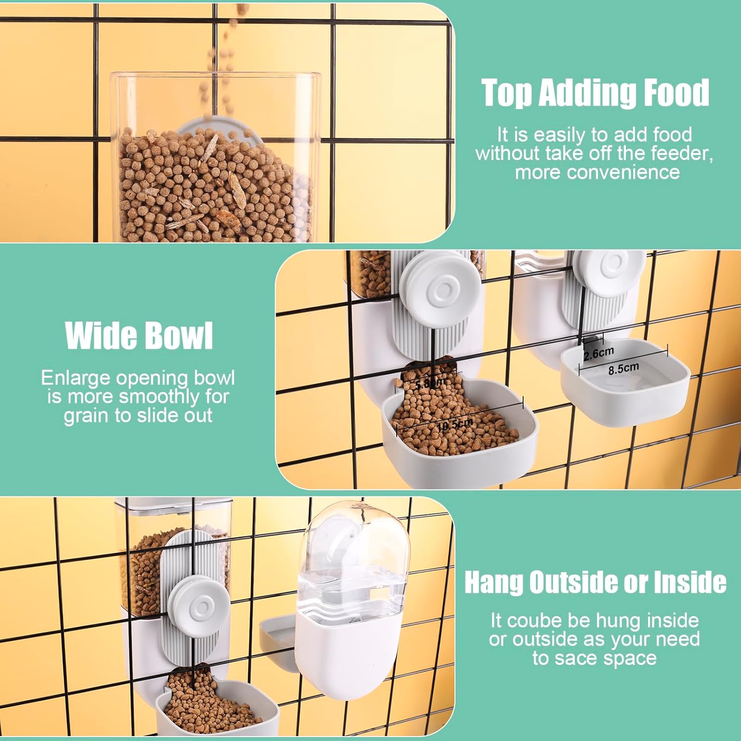 HKM-5087293 Hanging Automatic Pet Food and Water Dispenser Set for Small Animals - Gravity Feeder and Waterer for Cages