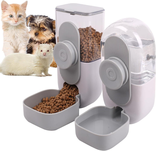 HKM-5087293 Hanging Automatic Pet Food and Water Dispenser Set for Small Animals - Gravity Feeder and Waterer for Cages