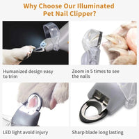 HKM-5093053 LED Light Pet Nail Clipper with Magnifier - Multi-Function Grooming Tool for Dogs and Cats