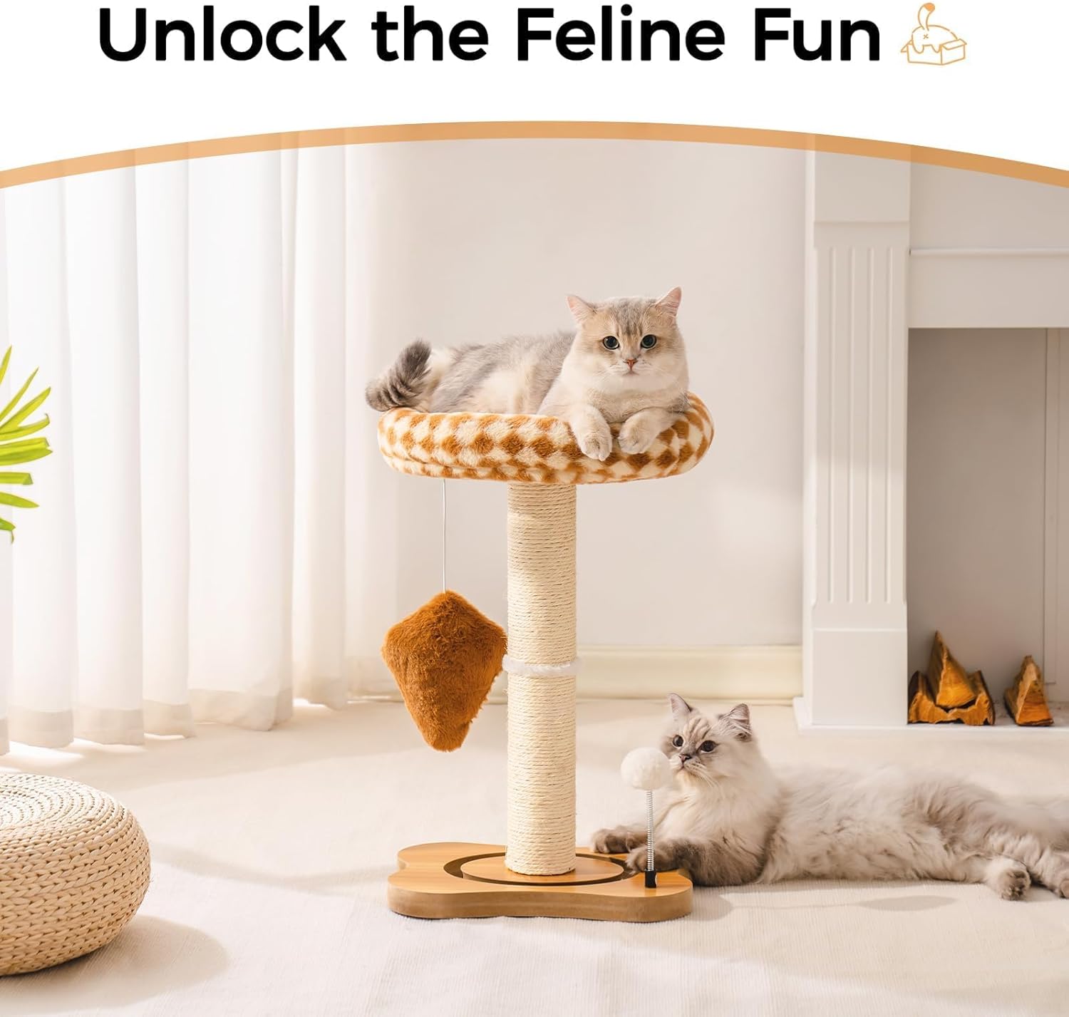HKM-5094205 Multi-Functional Cat Scratching Post with Cozy Bed, Sisal Scratcher, and Interactive Ball Track for Indoor Cats