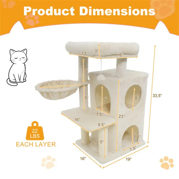 HKM-5095229 Multi-Level Beige Cat Tree with Condo, Sisal Scratching Posts, and Anti-Toppling Device