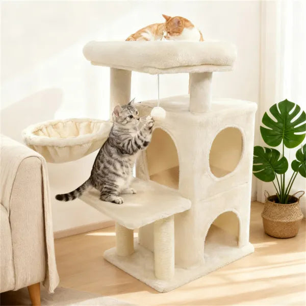 HKM-5095229 Multi-Level Beige Cat Tree with Condo, Sisal Scratching Posts, and Anti-Toppling Device