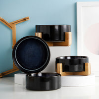 HKM-5095741 Starry Sky Ceramic Cat and Dog Bowl Set with Wooden Frame, Adjustable Capacity 400ml & 800ml