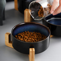 HKM-5095741 Starry Sky Ceramic Cat and Dog Bowl Set with Wooden Frame, Adjustable Capacity 400ml & 800ml