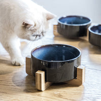 HKM-5095741 Starry Sky Ceramic Cat and Dog Bowl Set with Wooden Frame, Adjustable Capacity 400ml & 800ml