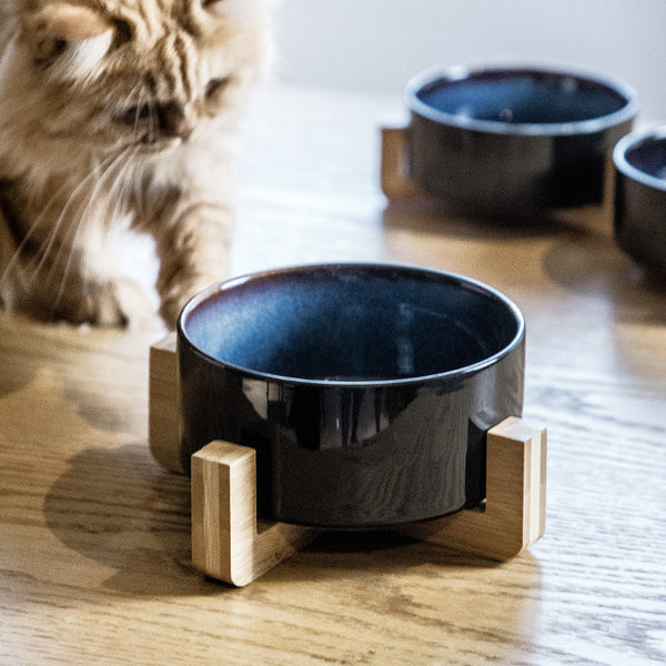 HKM-5095741 Starry Sky Ceramic Cat and Dog Bowl Set with Wooden Frame, Adjustable Capacity 400ml & 800ml