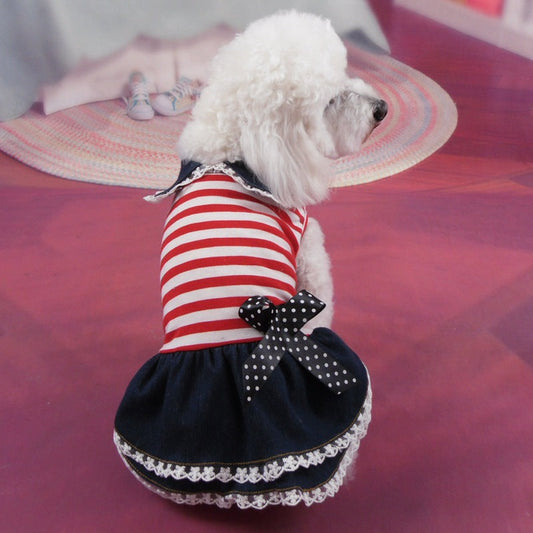 HKM-5096125 Striped Denim Skirt for Pets - Red and White, Princess Style, Multiple Sizes Available