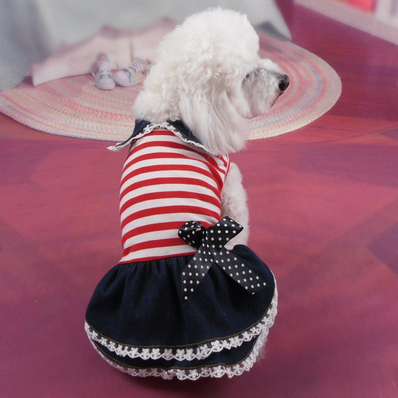 HKM-5096125 Striped Denim Skirt for Pets - Red and White, Princess Style, Multiple Sizes Available