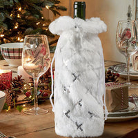 HKM-509715 Plush Snowflake Sequin Wine Bottle Cover, Fleece Cloth Christmas Decoration
