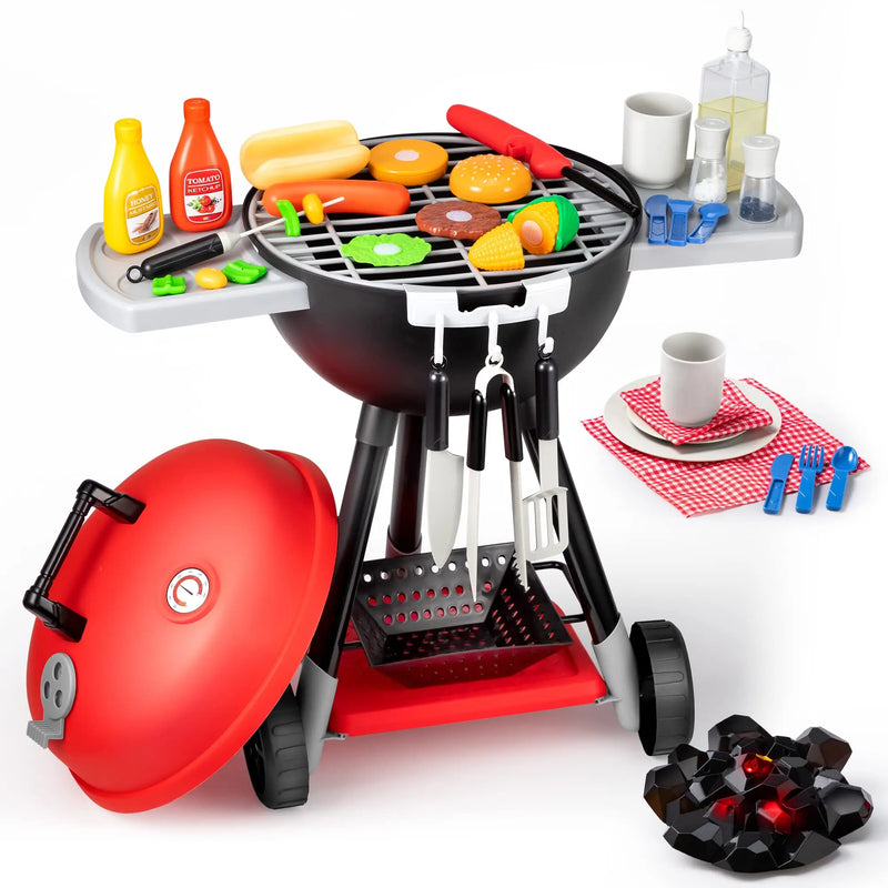 HKM-510227 Kids BBQ Grill Play Set with Realistic Sounds and Lights - 34 Piece Cooking Toy for Ages 2-13