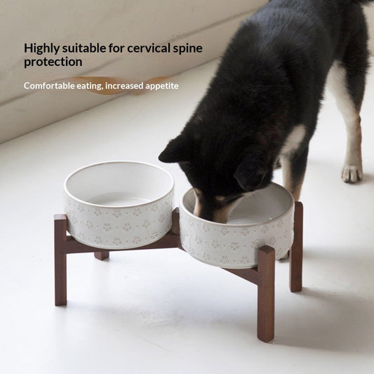 HKM-5105085 Ceramic Elevated Anti-Spill Cat and Dog Bowl with Dual-Bowl Design - Various Sizes Available