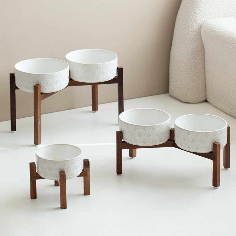 HKM-5105085 Ceramic Elevated Anti-Spill Cat and Dog Bowl with Dual-Bowl Design - Various Sizes Available