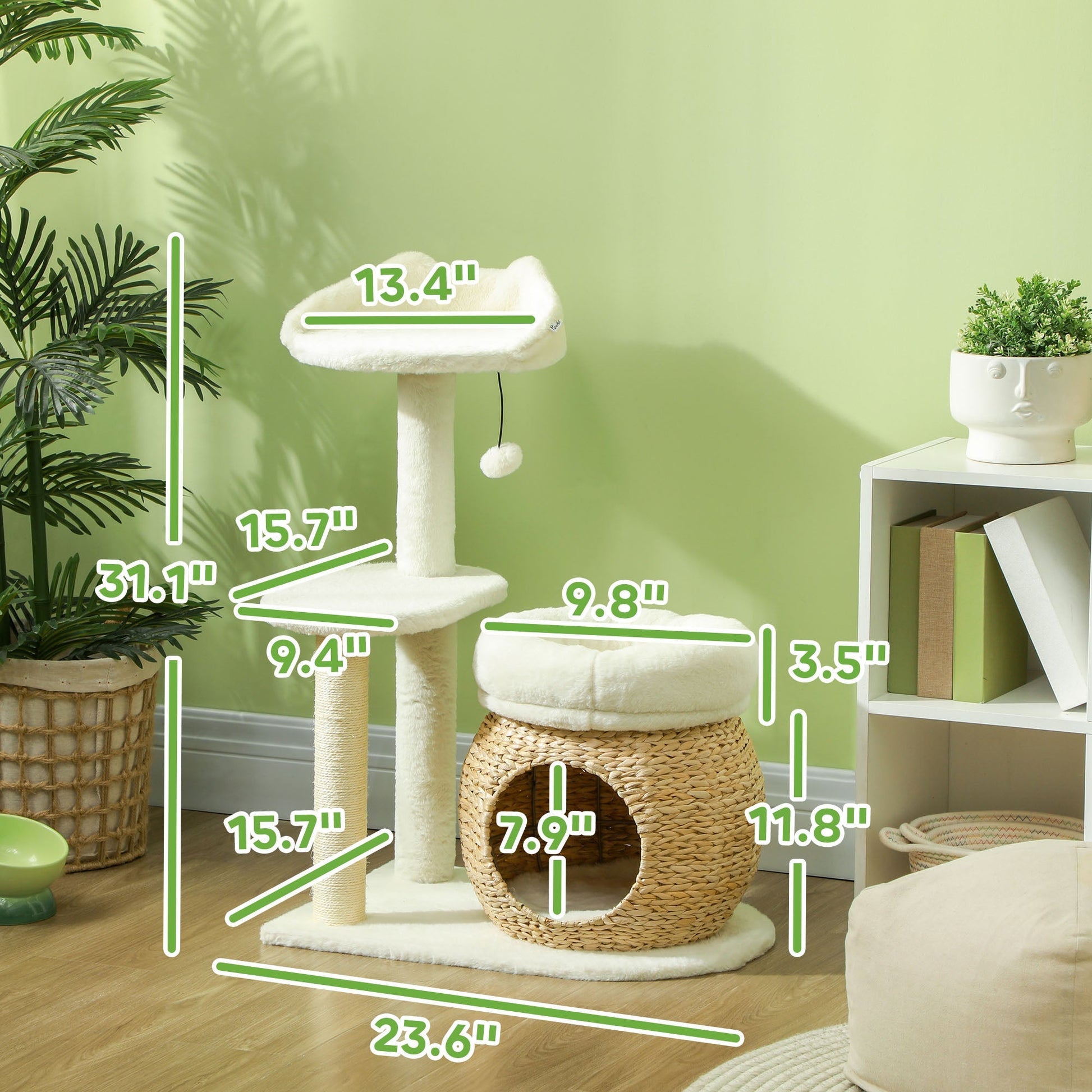 HKM-5110333 31" Cream White Cat Tree Tower with Scratching Posts, Two Cozy Beds, and Toy Ball for 1-2 Cats Up to 11 lbs