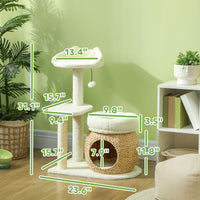 HKM-5110333 31" Cream White Cat Tree Tower with Scratching Posts, Two Cozy Beds, and Toy Ball for 1-2 Cats Up to 11 lbs