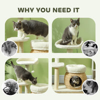 HKM-5110333 31" Cream White Cat Tree Tower with Scratching Posts, Two Cozy Beds, and Toy Ball for 1-2 Cats Up to 11 lbs