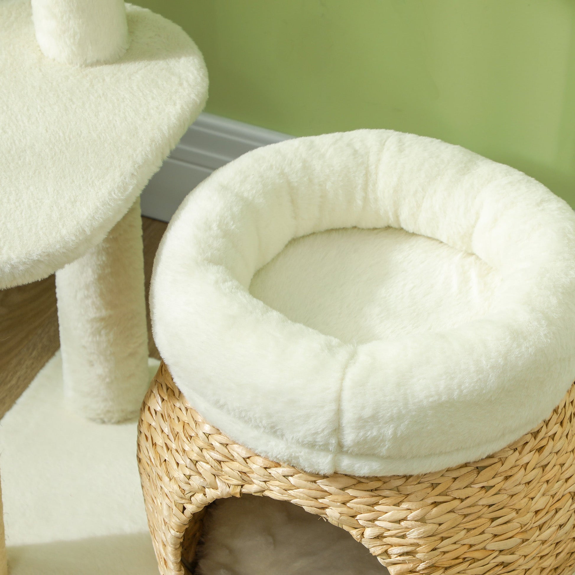 HKM-5110333 31" Cream White Cat Tree Tower with Scratching Posts, Two Cozy Beds, and Toy Ball for 1-2 Cats Up to 11 lbs