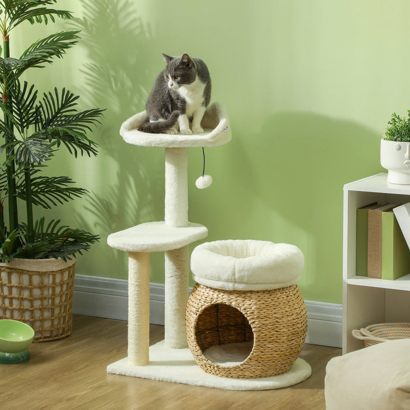 HKM-5110333 31" Cream White Cat Tree Tower with Scratching Posts, Two Cozy Beds, and Toy Ball for 1-2 Cats Up to 11 lbs