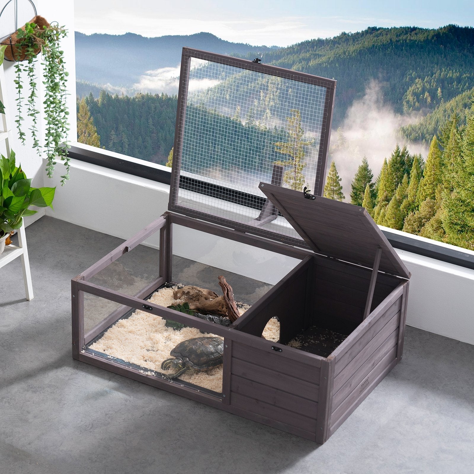 HKM-5110717 Spacious Wooden Tortoise House for Indoor & Outdoor Use - 2 Rooms, 38x24x13in