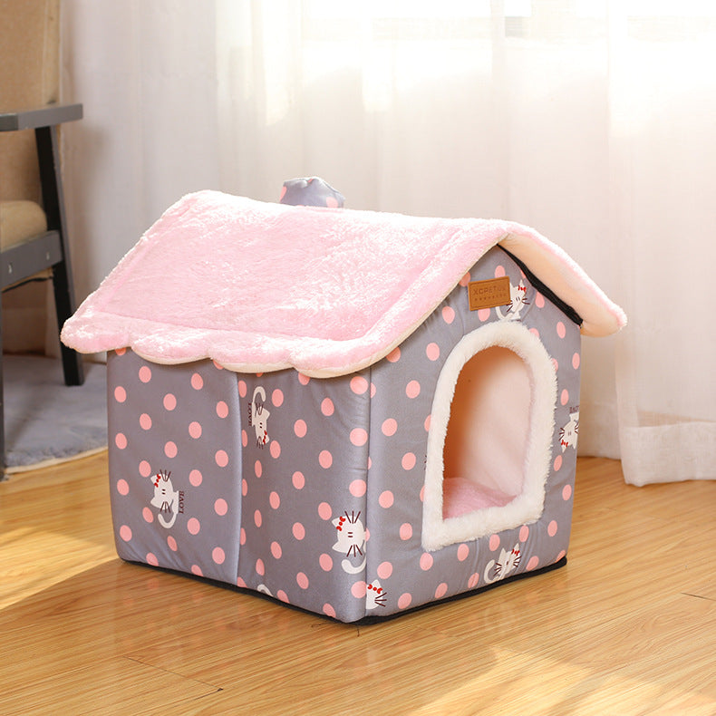 HKM-5111101 Creative Removable and Washable Cat Nest in Light Green with Gray Stars and Pink Dots - S, M, L Sizes Available