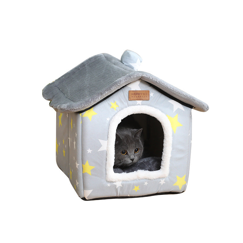 HKM-5111101 Creative Removable and Washable Cat Nest in Light Green with Gray Stars and Pink Dots - S, M, L Sizes Available