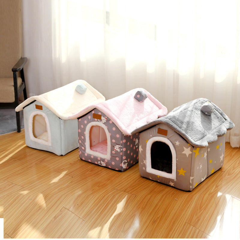 HKM-5111101 Creative Removable and Washable Cat Nest in Light Green with Gray Stars and Pink Dots - S, M, L Sizes Available