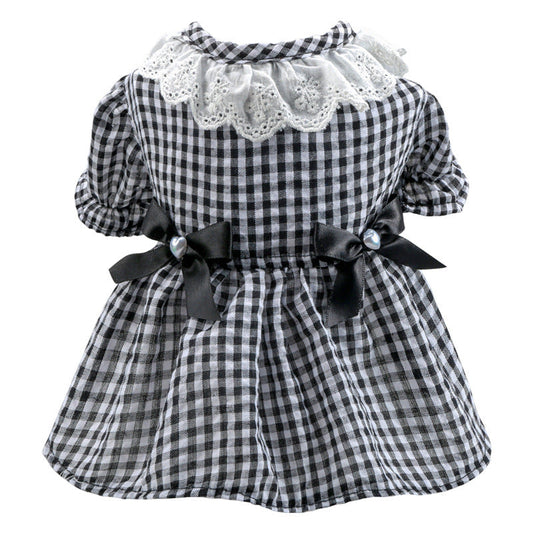 HKM-5113405 Black and White Plaid Pet Skirt with Bow and Lace Collar for Dogs and Cats