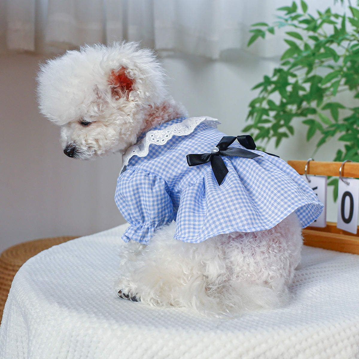 HKM-5113405 Black and White Plaid Pet Skirt with Bow and Lace Collar for Dogs and Cats
