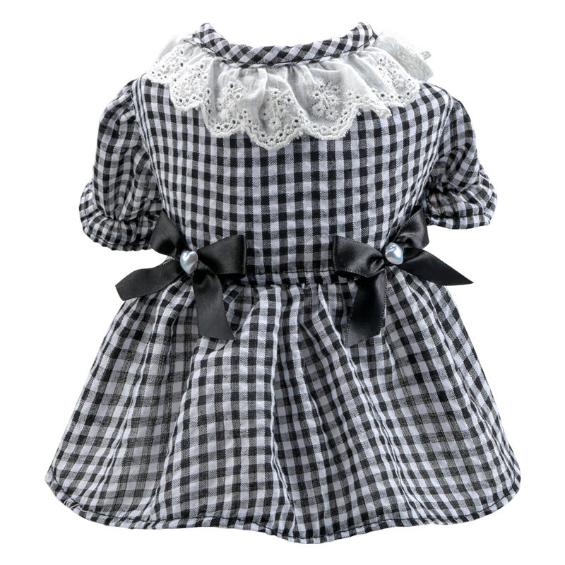 HKM-5113405 Black and White Plaid Pet Skirt with Bow and Lace Collar for Dogs and Cats
