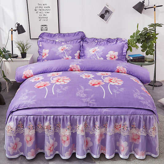 HKM-511571 Lace Bed Skirt Set - Four-Piece Non-Slip Bedspread in Plant Cashmere Fabric