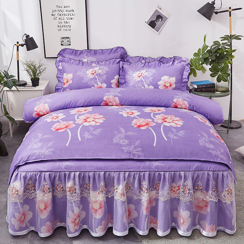 HKM-511571 Lace Bed Skirt Set - Four-Piece Non-Slip Bedspread in Plant Cashmere Fabric