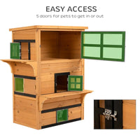HKM-5116477 3-Tier Cat Shelter with 5 Escape Doors, Weather-Resistant Fir Wood, Yellow & Black