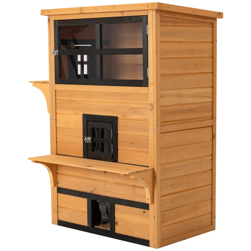 HKM-5116477 3-Tier Cat Shelter with 5 Escape Doors, Weather-Resistant Fir Wood, Yellow & Black