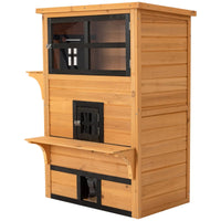 HKM-5116477 3-Tier Cat Shelter with 5 Escape Doors, Weather-Resistant Fir Wood, Yellow & Black